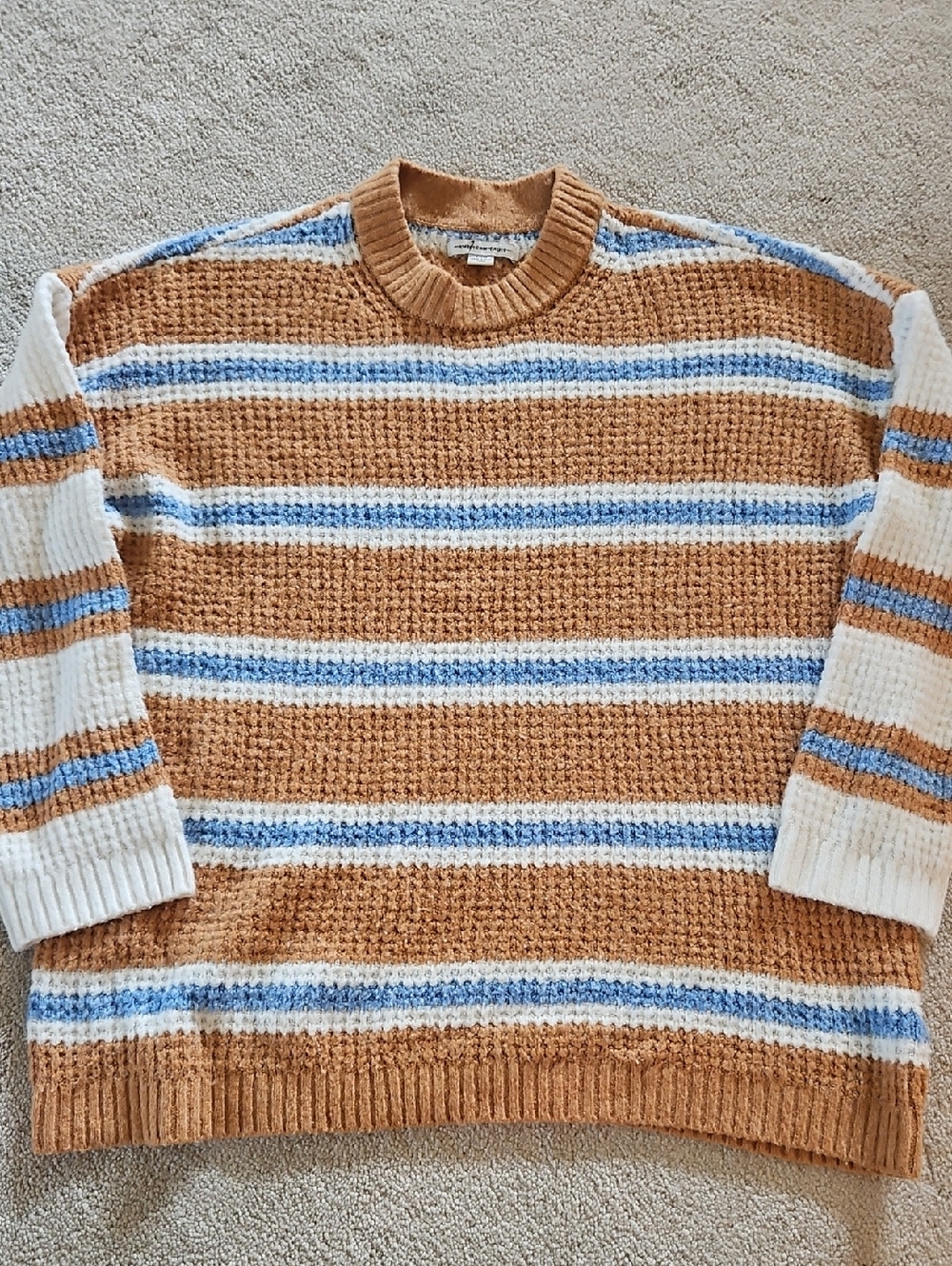 American Eagle Outfitters Striped Crewneck Sweater in Tan, White & Blue